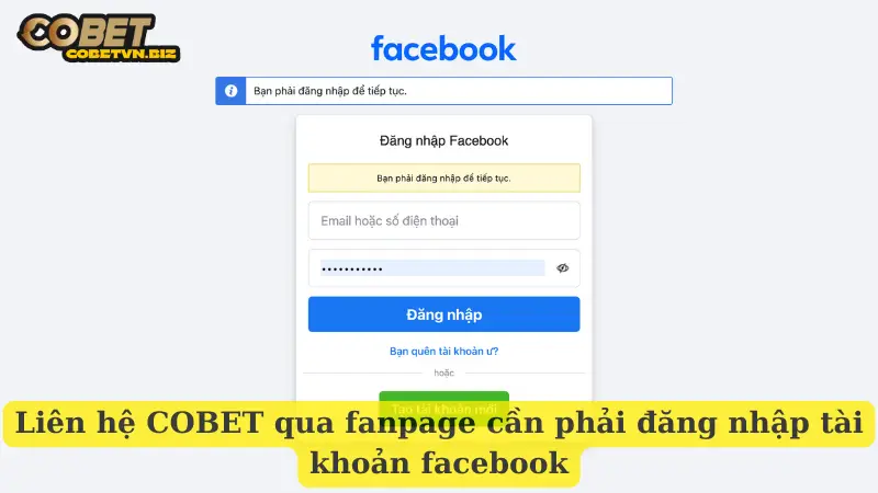 Liên hệ COBET qua fanpage cần phải đăng nhập tài khoản facebook